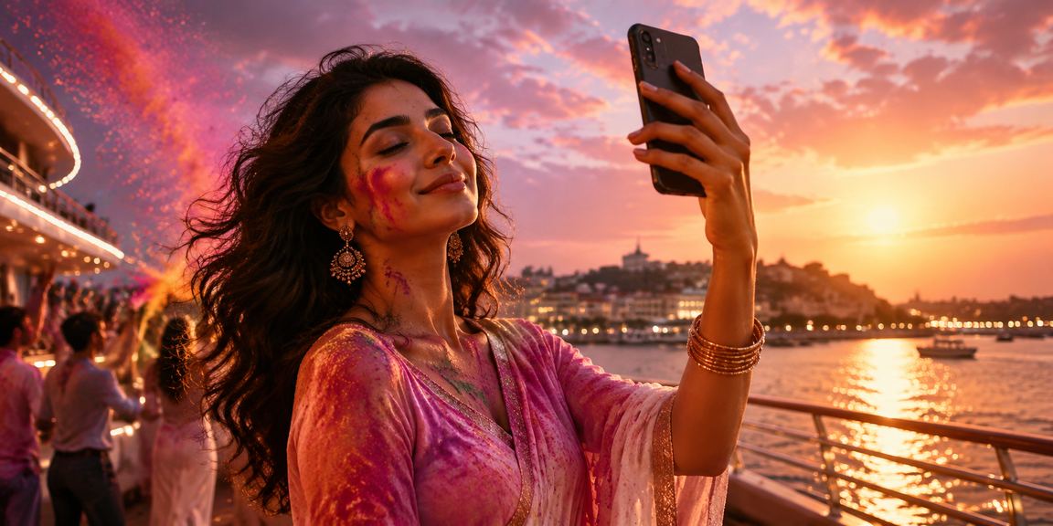 Goa beach side with tourists using mobile casino apps during Holi festival