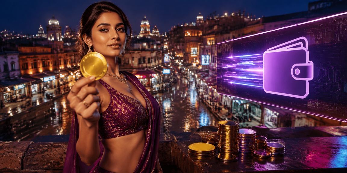 Colorful neon sign overlays a hand holding a phone for mobile deposit in India