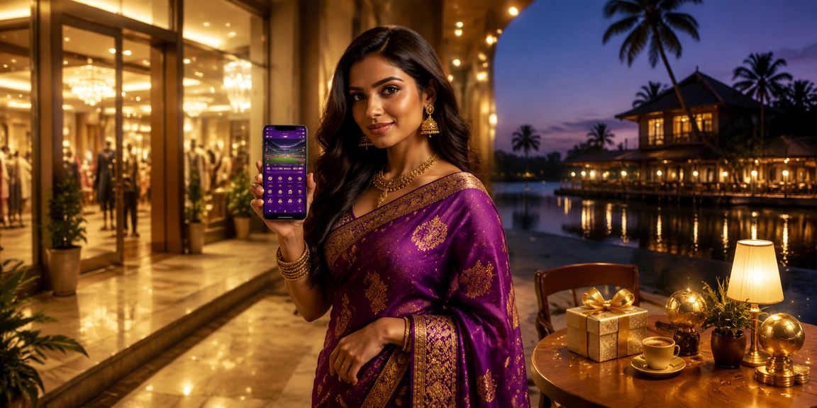 Indian woman using casino app on mobile with scenic background